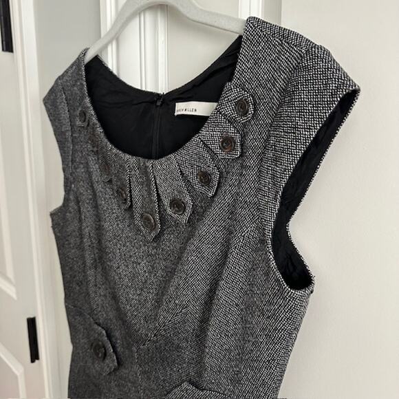 Karen Millen Grey Tweed Wool Blend Tailored Pencil Dress Neckline Detail US 6 - Picture 6 of 12